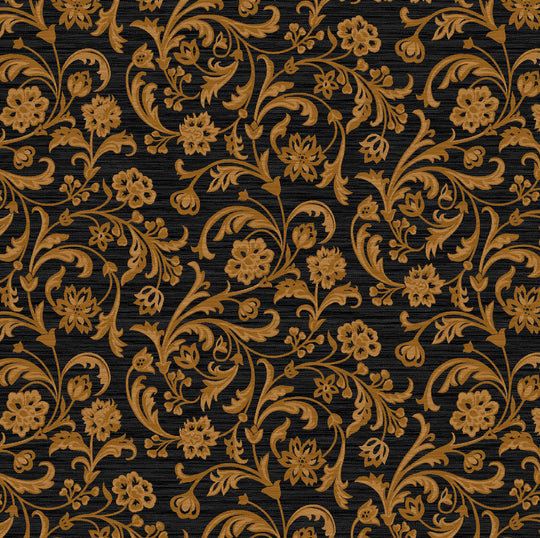 Verona, Floral, Black/Gold, Upholstery Fabric
